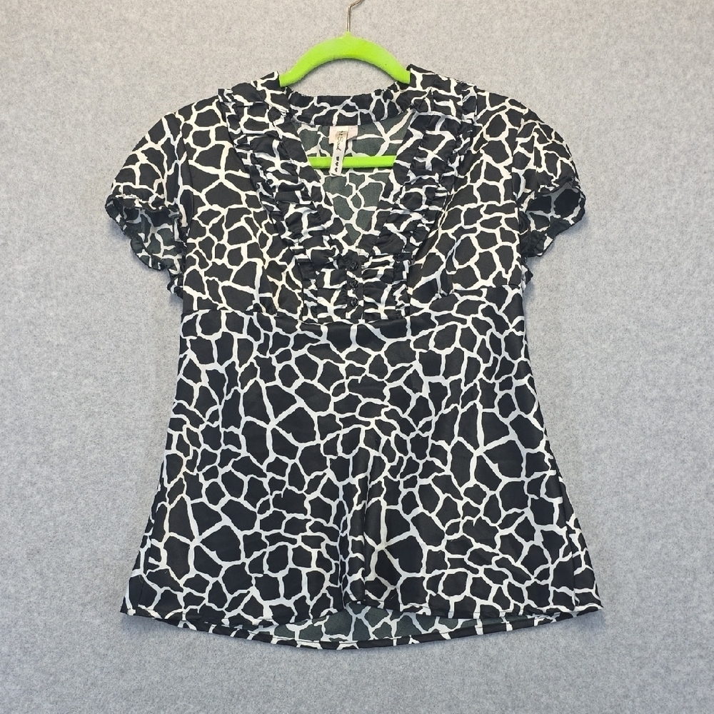 Heart Soul Black White Abstract Print Ruffle Blouse Women’s XL